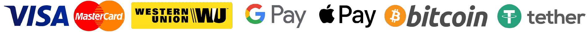 Visa, Mastercard, Google Pay, Apple Pay, Bitcoin, Tether